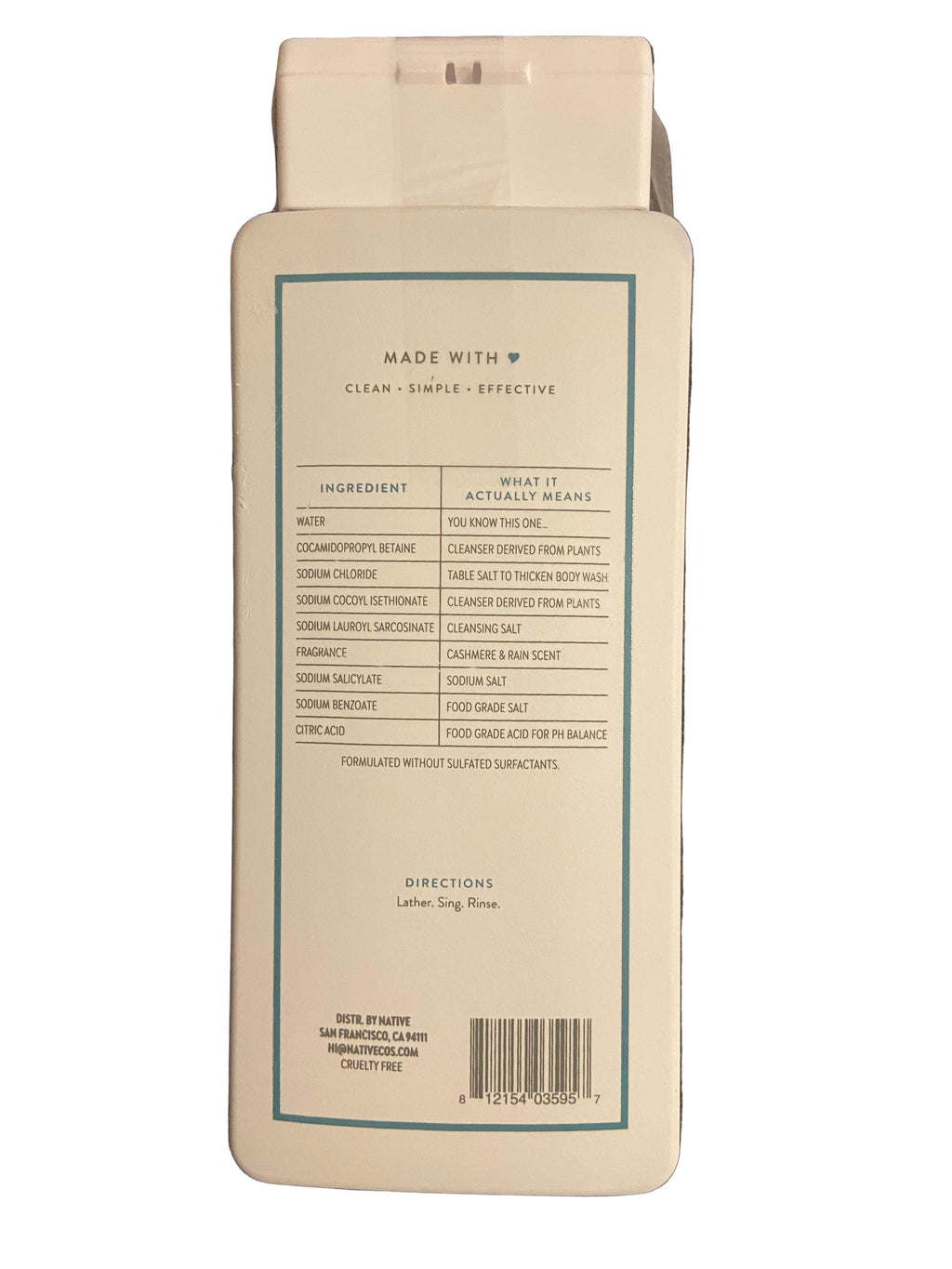 Native cashmere and rain body wash