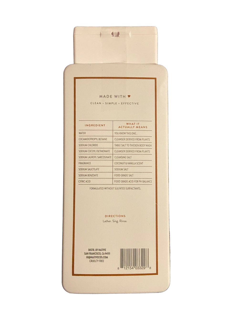 Native coconut and vanilla body wash