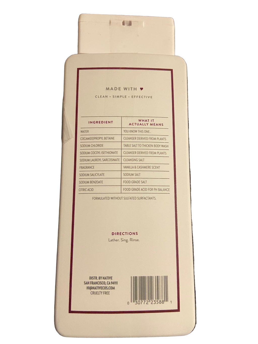 Native vanilla and cashmere body wash